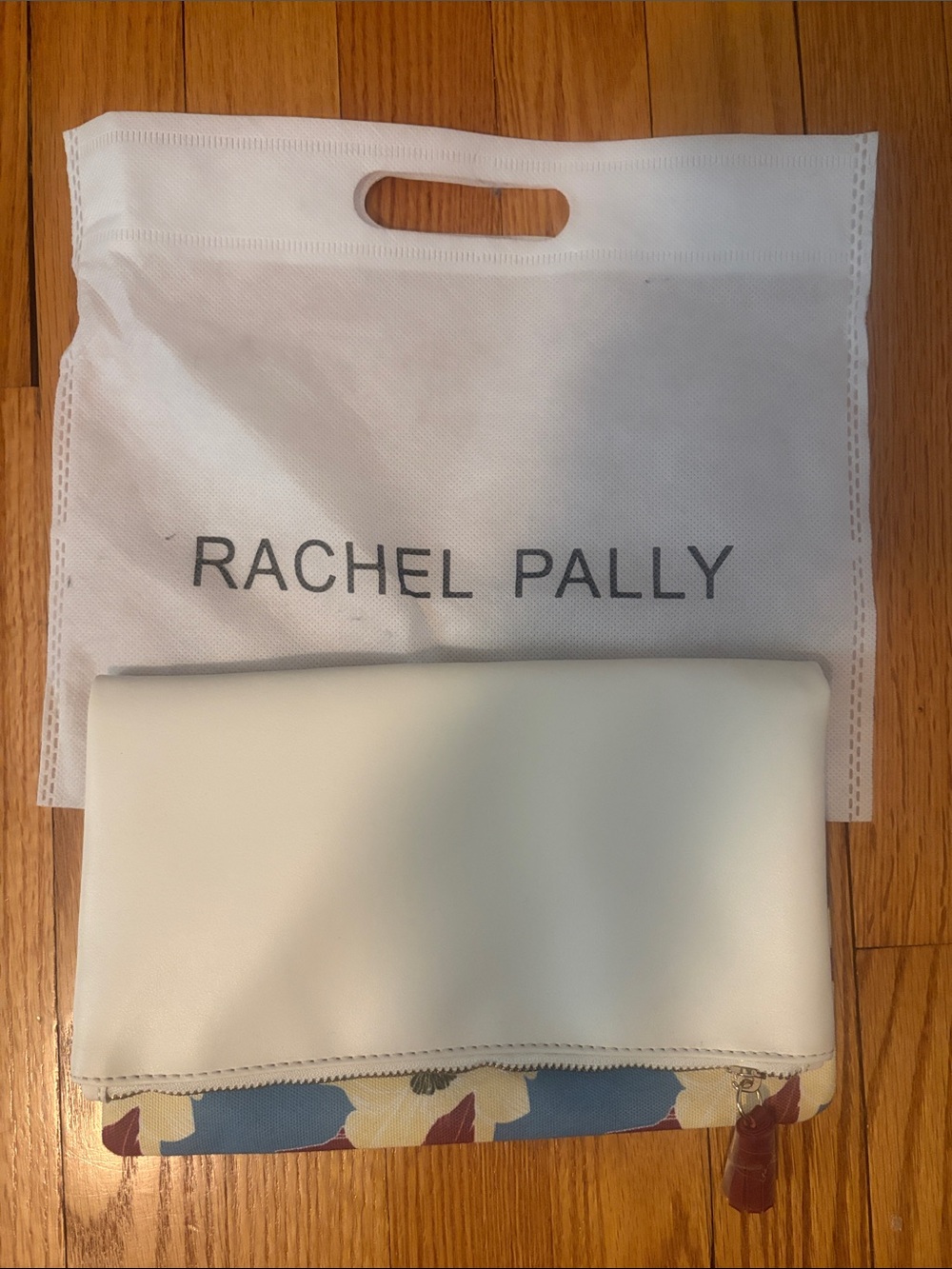 Rachel Pally White Fold-Over Clutch with Multicolor Floral Trim